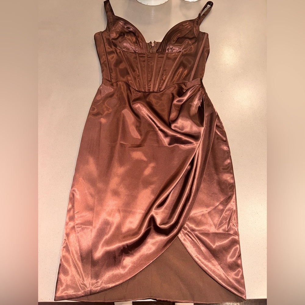 Meshki Strapless Satin Dress in Chocolate Brown